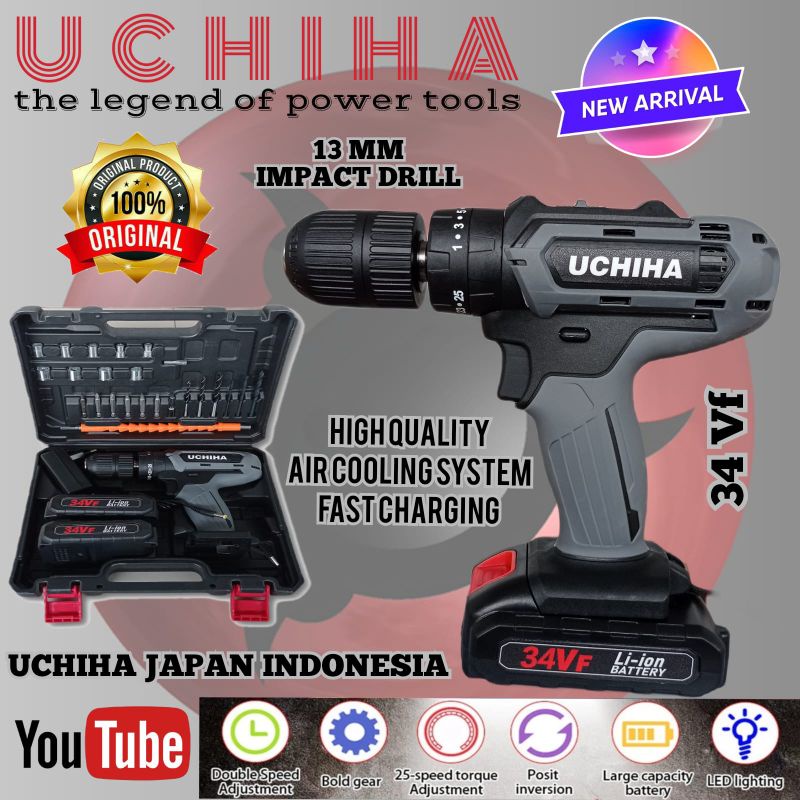 PROMO Mesin Bor Baterai Cordless Impact Drill Merk UCHIHA JAPAN 13mm Type 34vf Bisa buat BETON BESI 