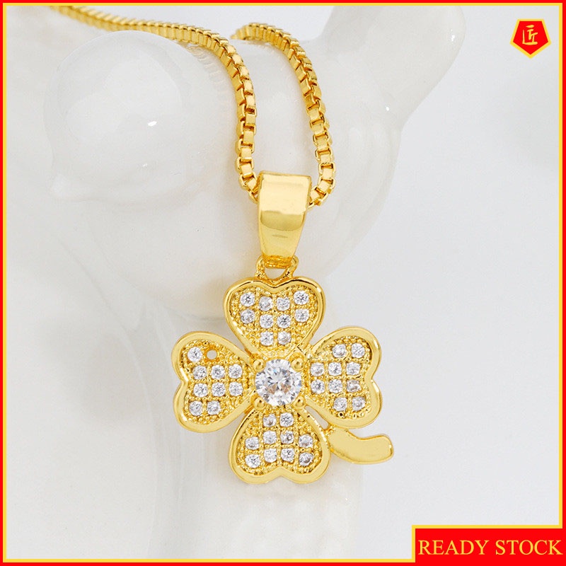 [Ready Stock]Fashion Gold-Plated Inlaid Diamond Lucky Four-Leaf Clover Pendant Necklace