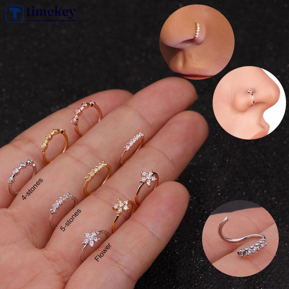 Timekey Anting Tindik Hidung Magnetik Desain Tapal Kuda Hias Zirkon Bahan Stainless Steel S7Z5