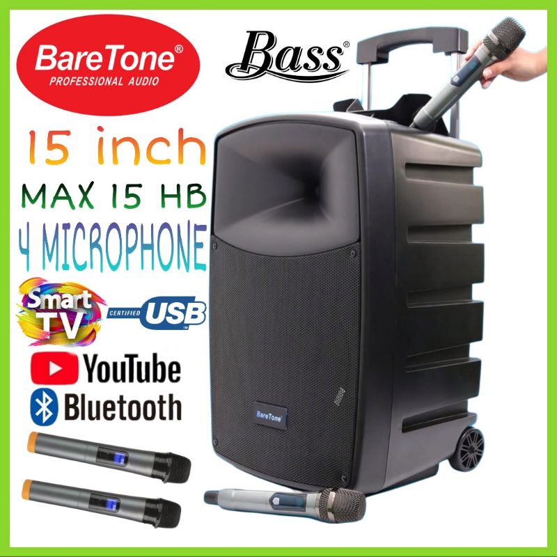 Speaker Portable BARETONE MAX 15 HB 15 Inch Bluetooth 4 Mic Wireless