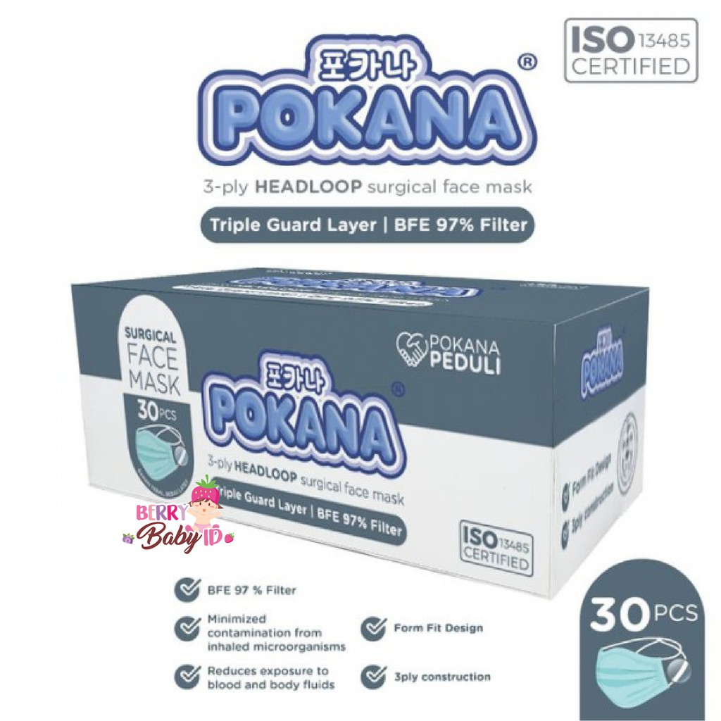 Pokana Surgical Face Mask Adult Headloop 3Ply Masker Medis Dewasa 30pc Berry Mart