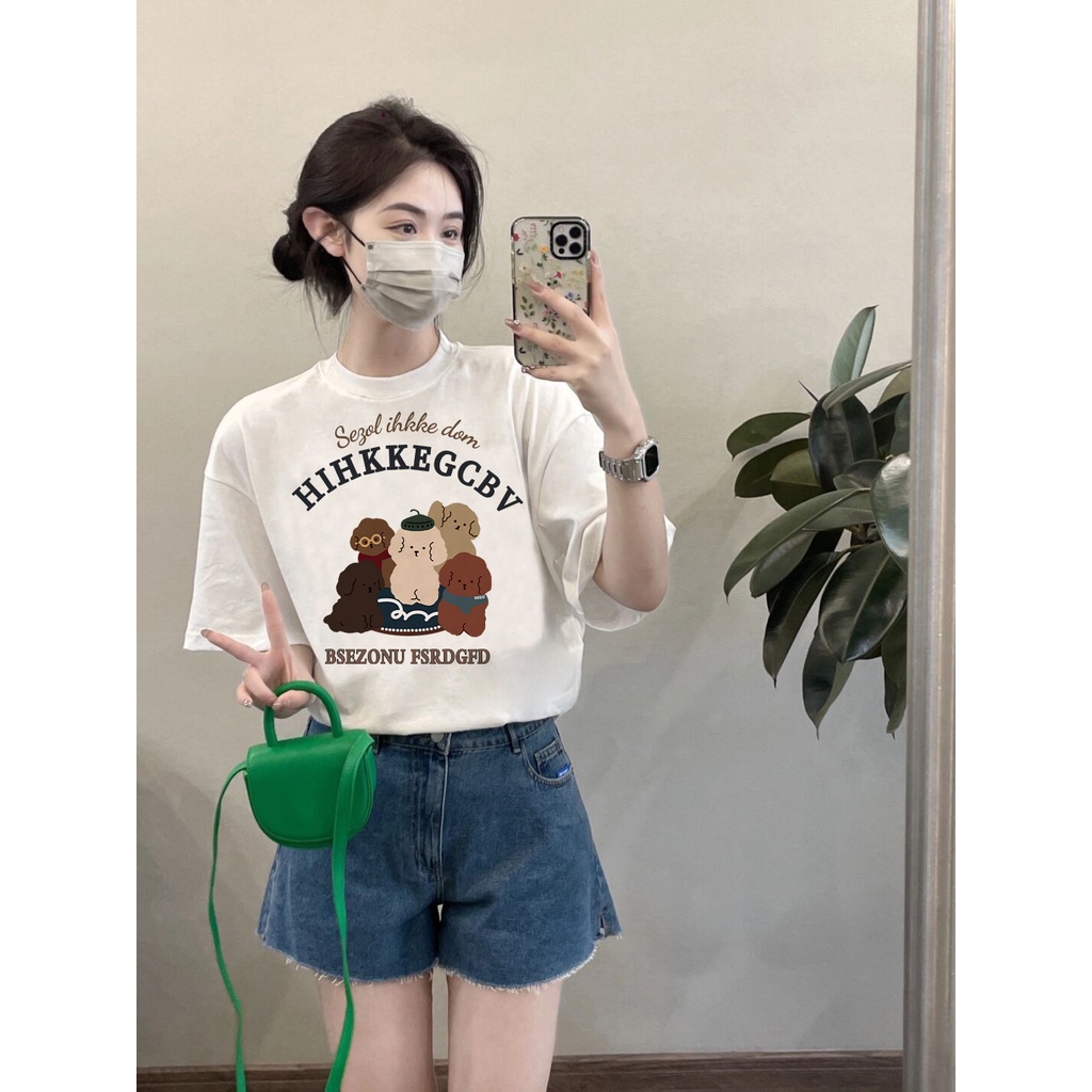 EUNII T-shirt Lengan Pendek Retro Kartun Anak Anjing Longgar Korean Style /Kaos Atasan Wanita/Baju Kaus Oversize Wanita