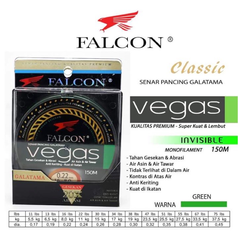 SENAR FALCON VEGAS kualitas premium 150m warna Hijau Daun dan Clear