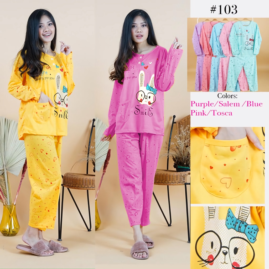 Lilipop.id  Baju Tidur Wanita Smile Celana Panjang PP Allsize Lengan Panjang Baby Doll Bahan Kaos Dewasa