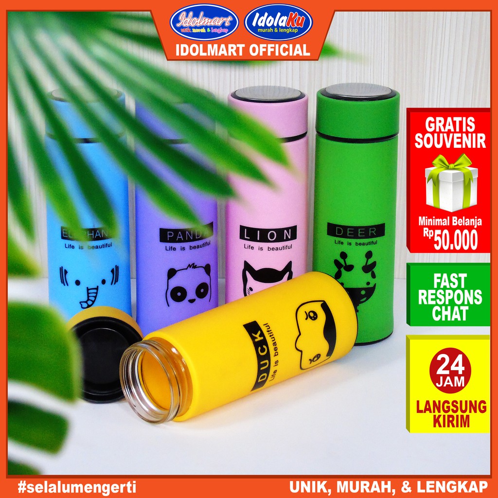 IDOLAKU Botol Minum Kaca Animal lucu 450ml/ Beling Cover Plastik /Original 60up