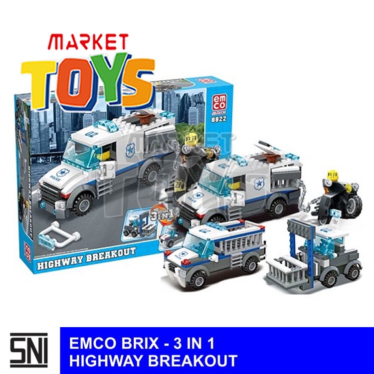 EMCO BRIX - HIGHWAY BREAKOUT 3 IN 1 Mainan Anak Susun Balok Brick Model Mobil Polisi Motor Penjahat