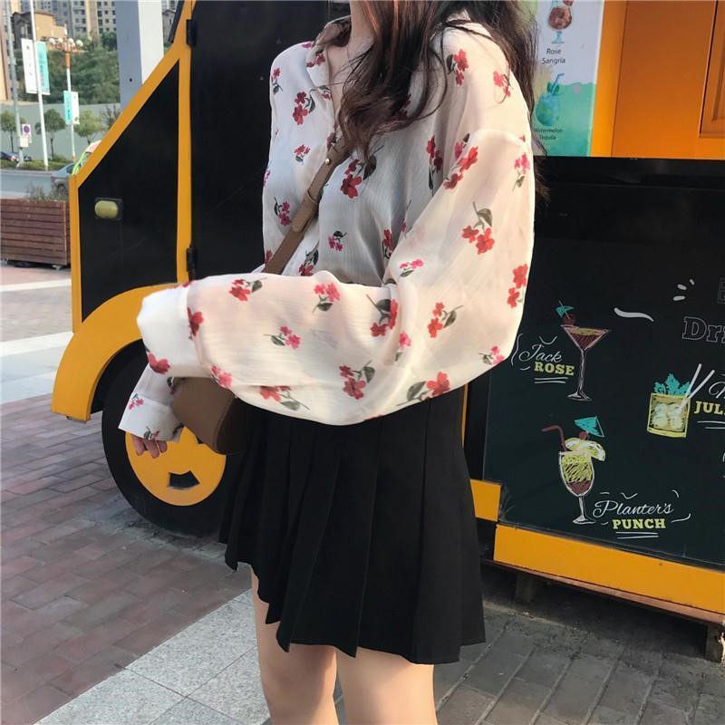 12.12 SALES!Sweet Atasan Kemeja Wanita Kerah Sifon Longgar Floral Lengan Panjang Elegan