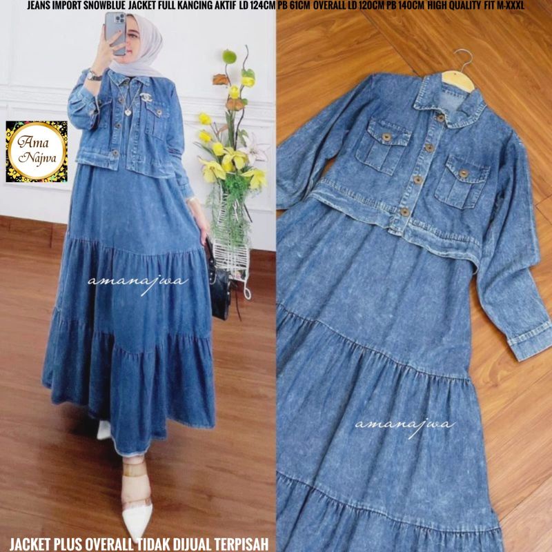 2 in 1 Setelan Dress Gamis Polos Jeans Susun Rempel Ld 124 Jumbo Fit XXXL By Amj