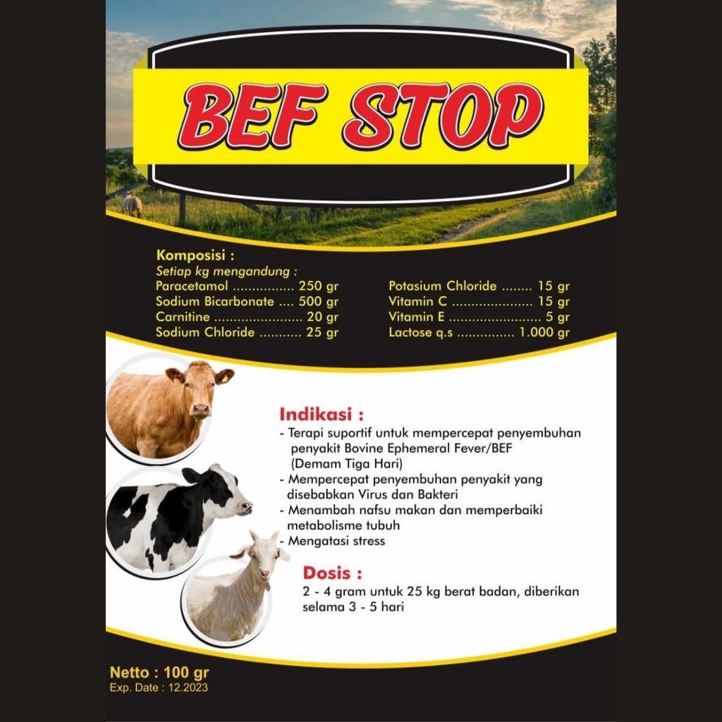 BEF STOP | Obat Sapi Ambruk Demam Panas Sapi Kambing Gejala Ngiler dan Ambruk Original | 100 gr | Apoternak