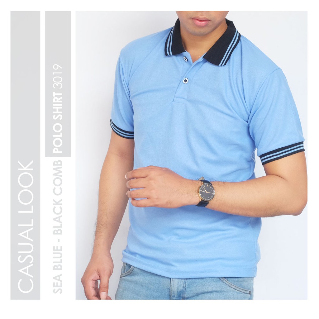 PS-3019 KAOS POLO SHIRT PRIA POLOS BIRU LAUT VARIASI HITAM LakiEst