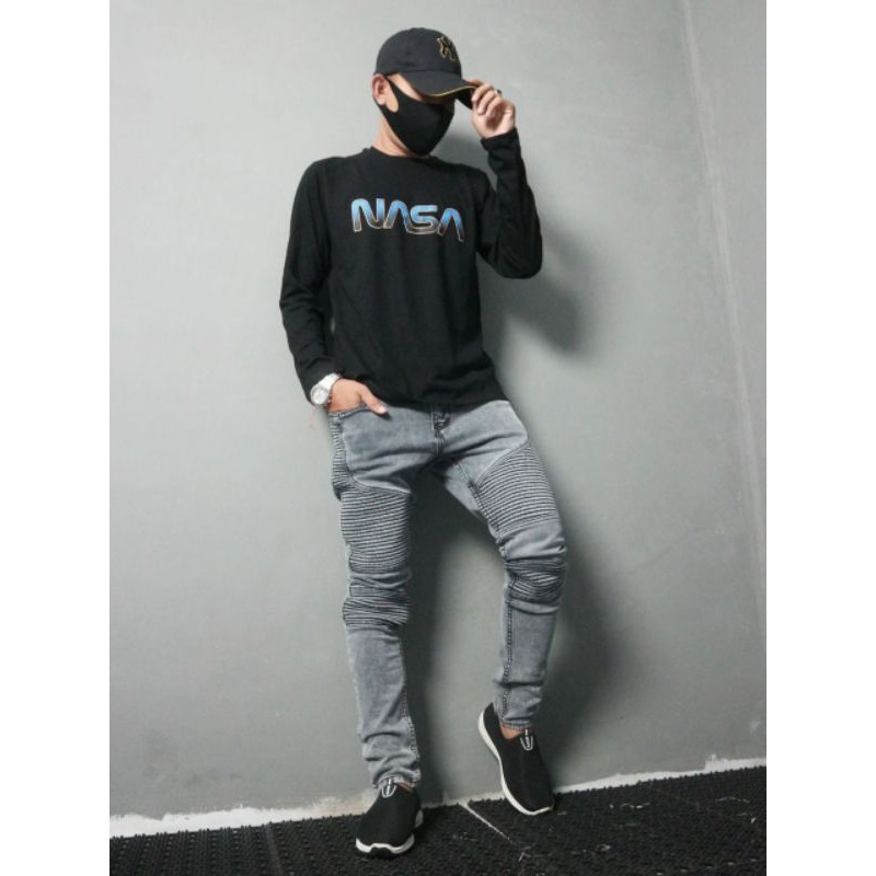 BAJU KAOS PRIA COWOK MOTIF TERBARU LENGAN PANJANG NASA BLACK WHITE