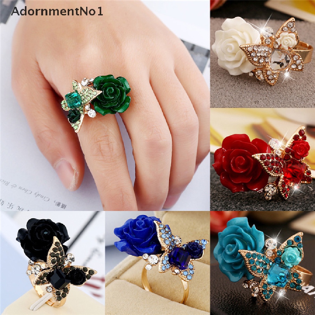 (AdornmentNo1) Cincin Tunangan Adjustable Motif Bunga Mawar + Kupu-Kupu Aksen Kristal + Berlian Imitasi Untuk Wanita