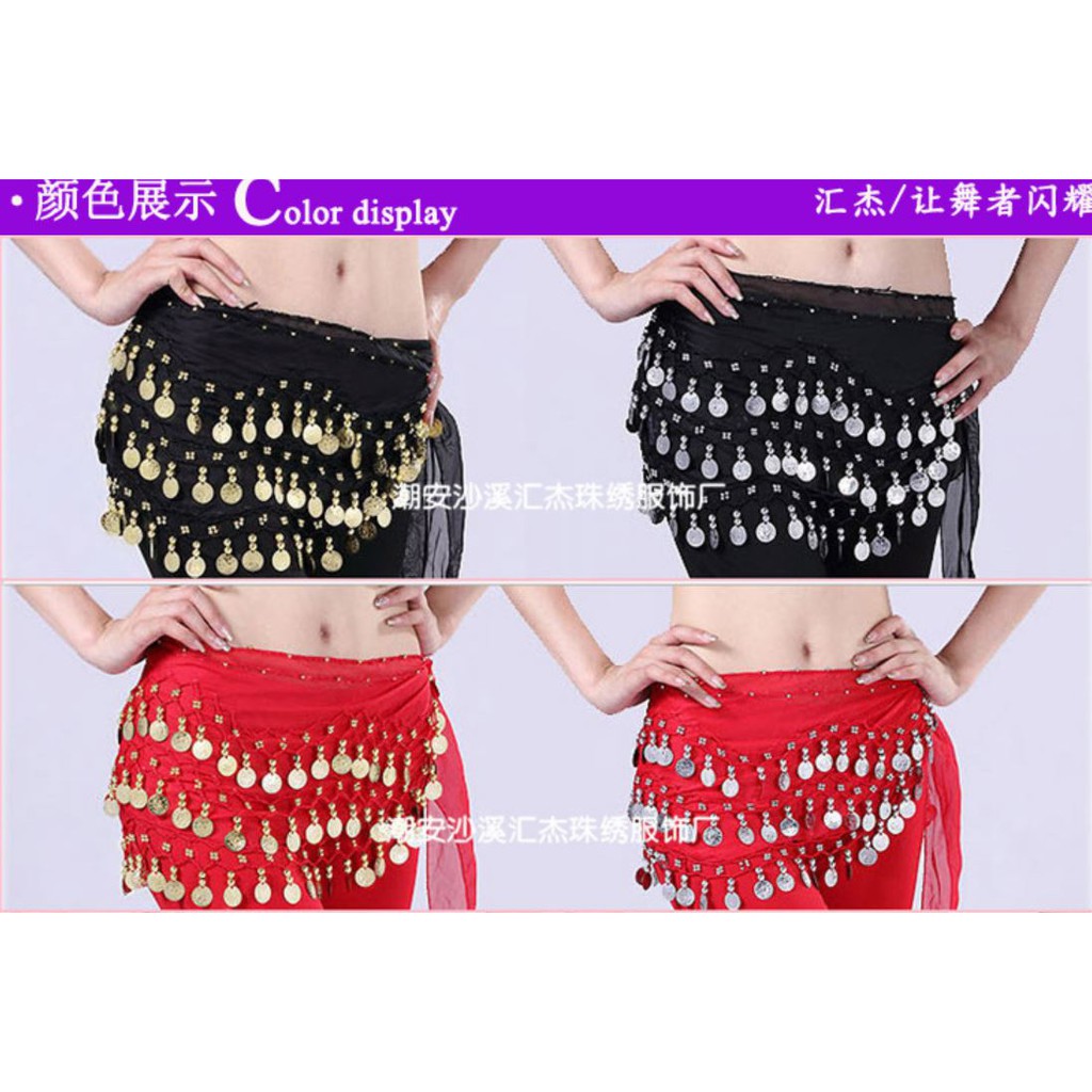 Belly Dance Belt Sifon Chifon Set Selendang Tari Perut Senam Koin Emas Pinggul Hip Scarf Dance Gold Coin Zumba