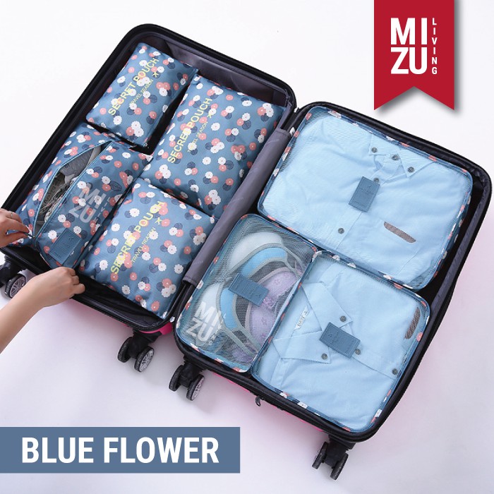 SECRET POUCH Travel Packing Cubes 7in1 Storage Bag Organizer Tas Koper MOTIF-BLUE Flower