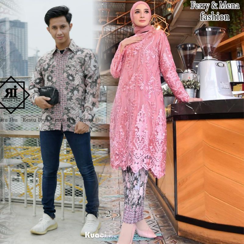 Couple kebaya tunik dengan kemeja batik//couple keluarga batik//kebaya tunik jumbo//kebaya modern