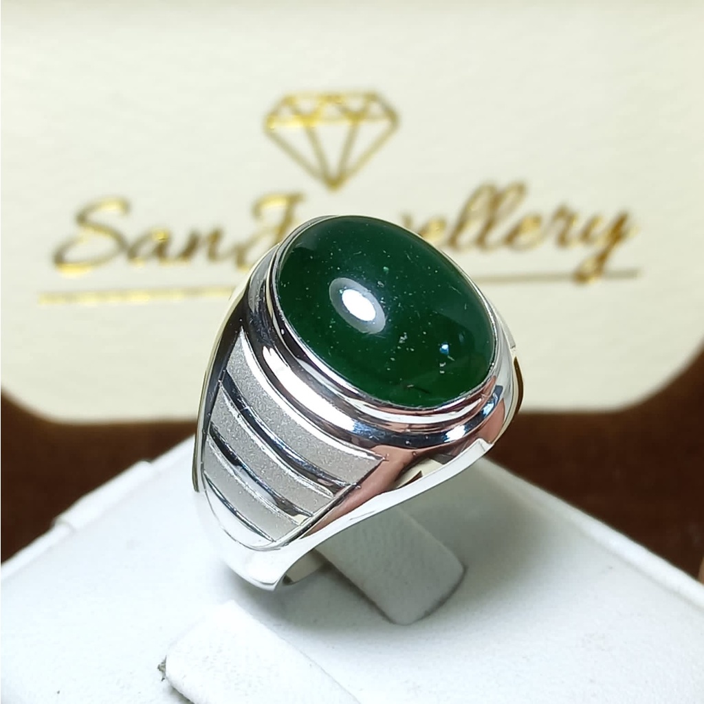 Cincin Emban Pria Perak 950/925 EB06 – Original Handmade, Ikat Batu Mulia Akik ijo, Elegan Maskulin