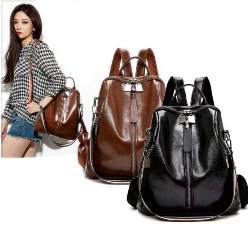 Tas Multifungsi Wanita Ransel Fashion Korean Stylish Kulit Lembut Varian Hitam Coklat