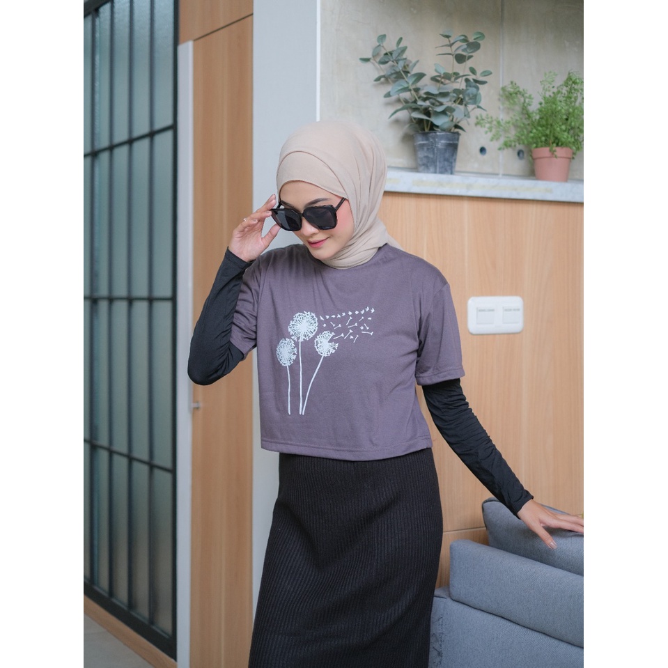 ZAHRA Baju Kaos Crop Oblong Wanita COTTON FLOWERGRAS | Atasan Crop CEWEK