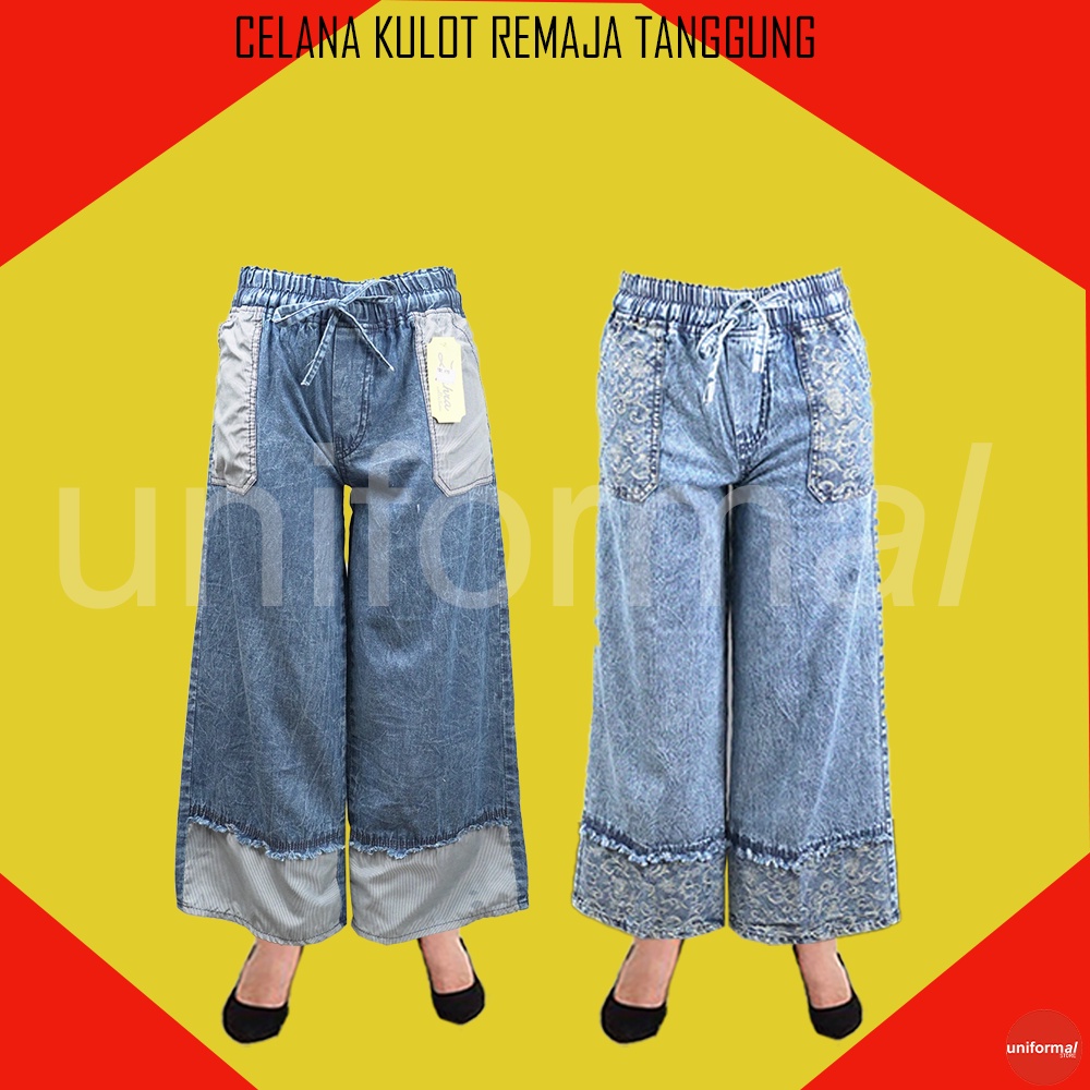 Celana Kulot Jeans Remaja Tanggung Wanita,  Kulot Perempuan Remaja TanggungPinggang Karet Setara 12 - 16 Tahun, Kulot Anak Tanggung Perempuan