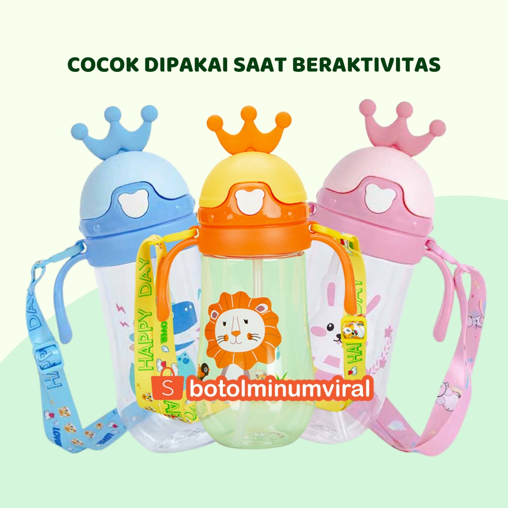 Botol Minum Anak Sekolah TK SD Ada Tali Sedotan BPA FREE Import 450ml Mahkota Premium