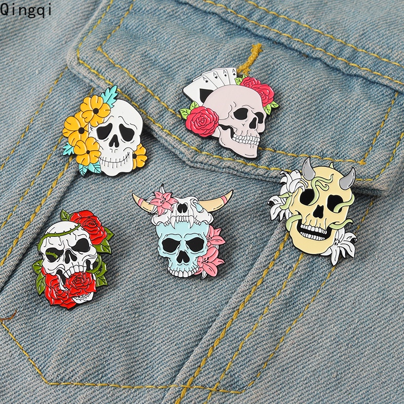 Bros Pin Enamel Bentuk Tengkorak Mawar Warna-Warni Gaya Gothic Untuk Anak