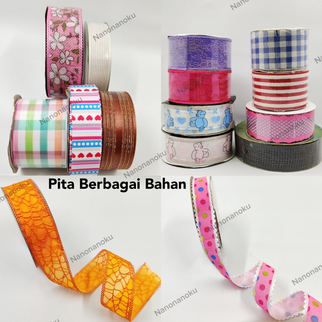 Pita Grossgrain, Kain, Goni Berbagai Ukuran dan Motif Hiasan Hampers Souvenir Mahar Kado