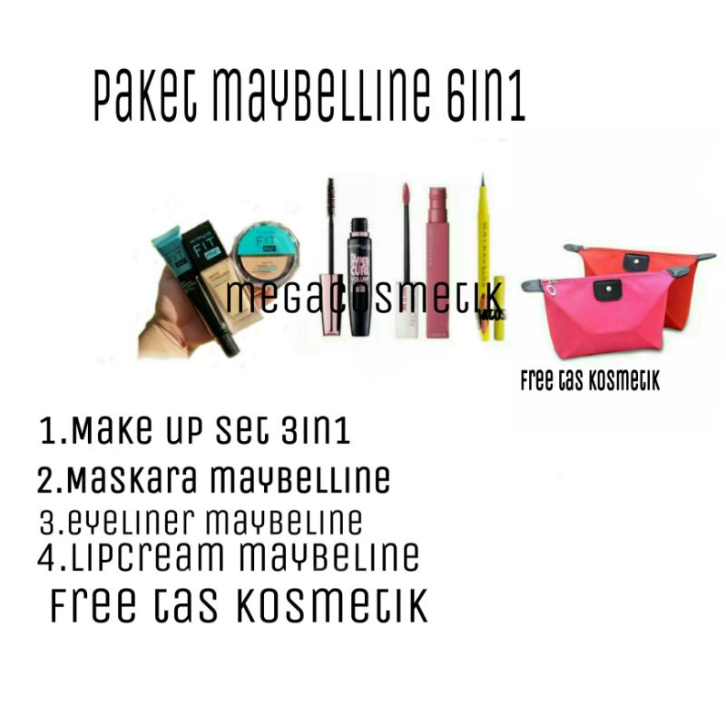 PAKET MEIBELLINE 6IN1 / FREE TAS[ MEIBELLINE SUPERSTAY 3IN1,MASKARA,EYELINER,LIPCREAM MEIBELINE]