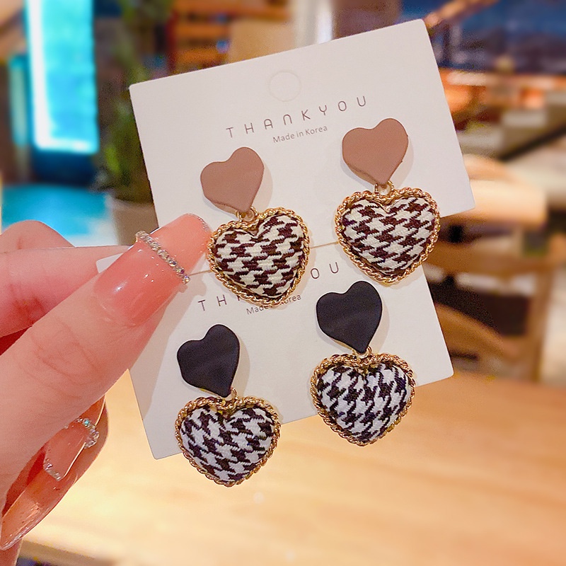 Anting S925 Silver Needle Bentuk Hati Houndstooth Warna Kopi Peach