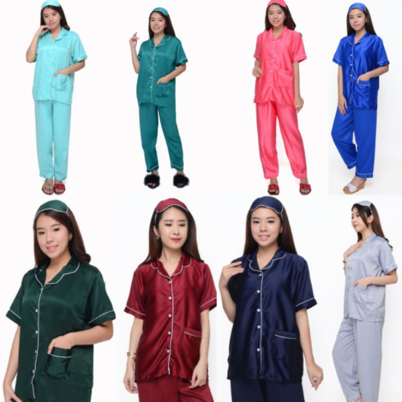 Piyama satin celana panjang baju lengan pendek / Baju tidur cewek dewasa setelan polos