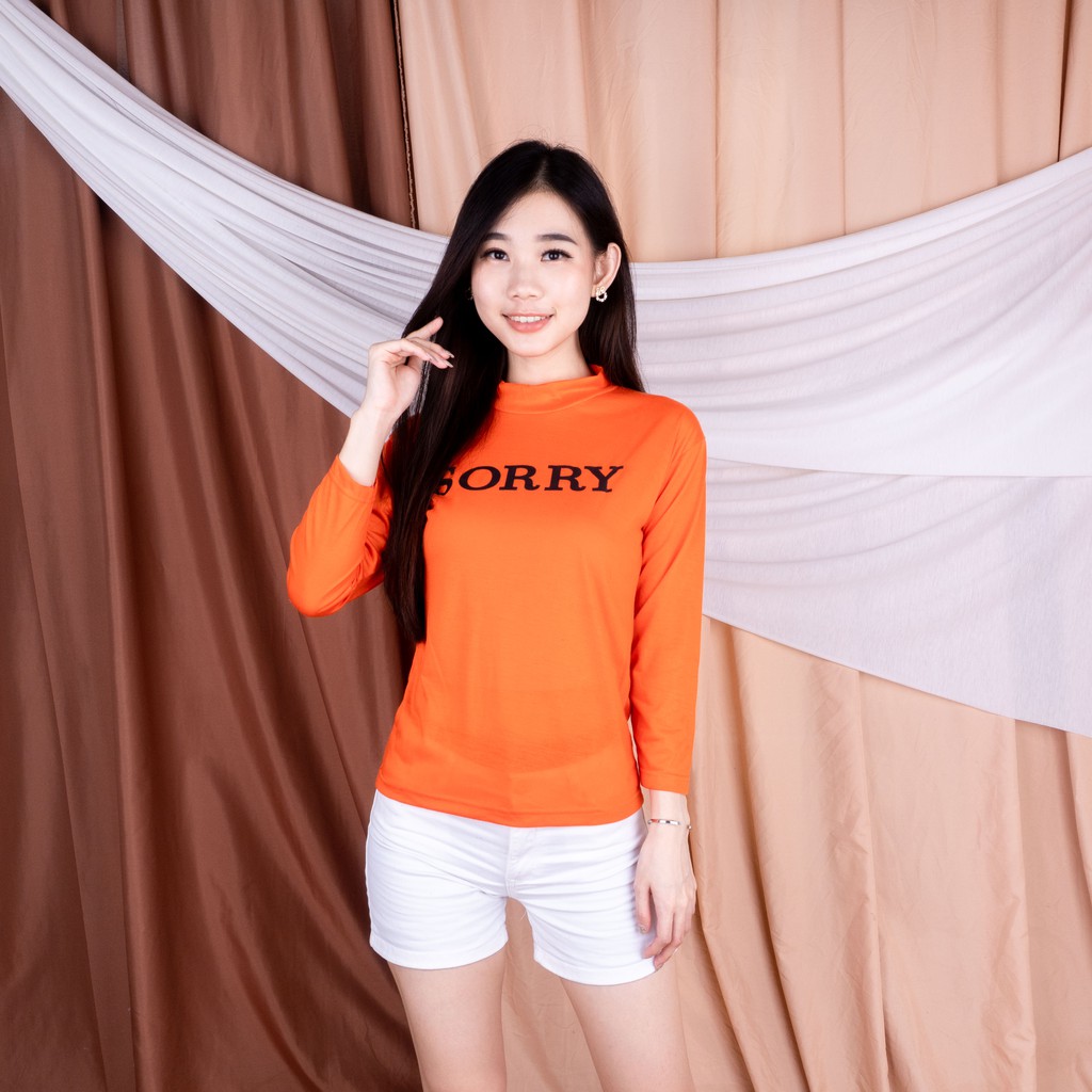 VS - LONGSLEVEE T-SHIRT HIGHNECK WANITA SORRY ORANGE - KAOS TURTLENECK WANITA KERAH TINGGI