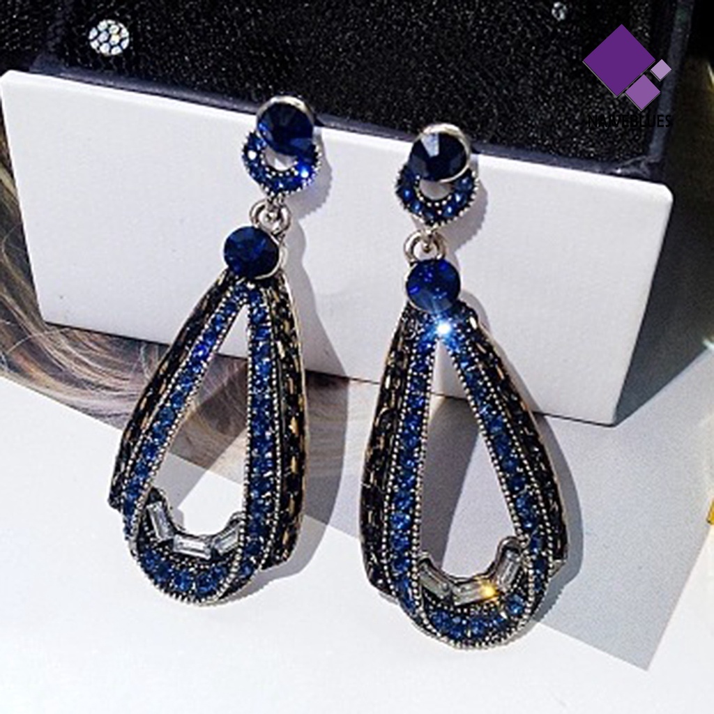 Anting Bentuk Tetesan Air Aksen Batu Biru Gaya Vintage