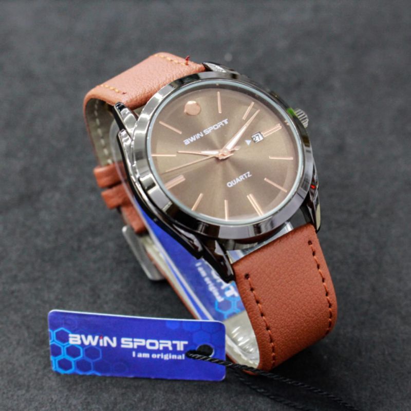 Jam Tangan Pria Bwin sport B633 strap kulit kaca cembung tanggal aktif bwin sport