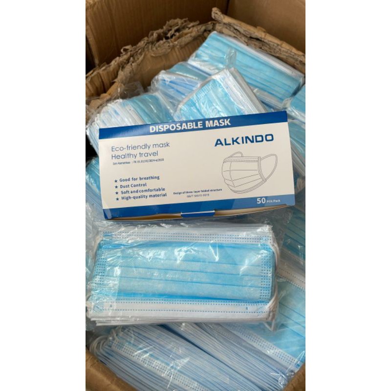 masker alkindo biru hijau earloop plastik