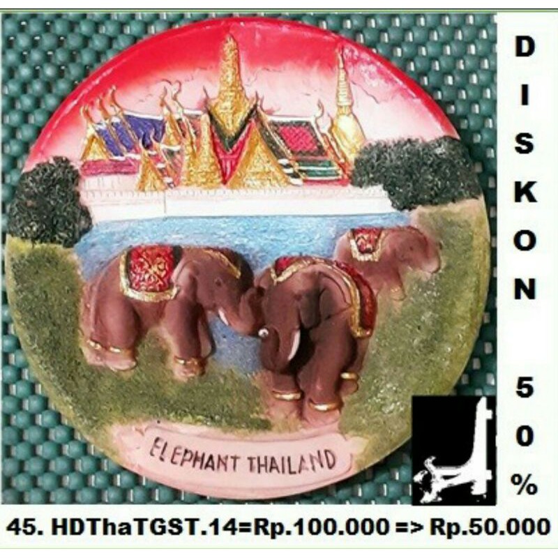 Souvenir Hiasan Dinding Manca Negara Thailand Tiga Gajah Sircus Temple Dia.14 Cm