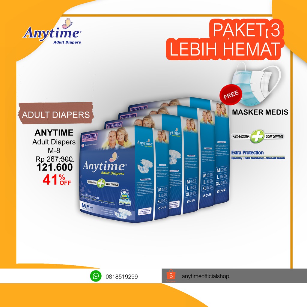 

Anytime Popok Dewasa / Adult Diapers Size M8 - We Care With Confidence And Lifree - Paket 4 Bags