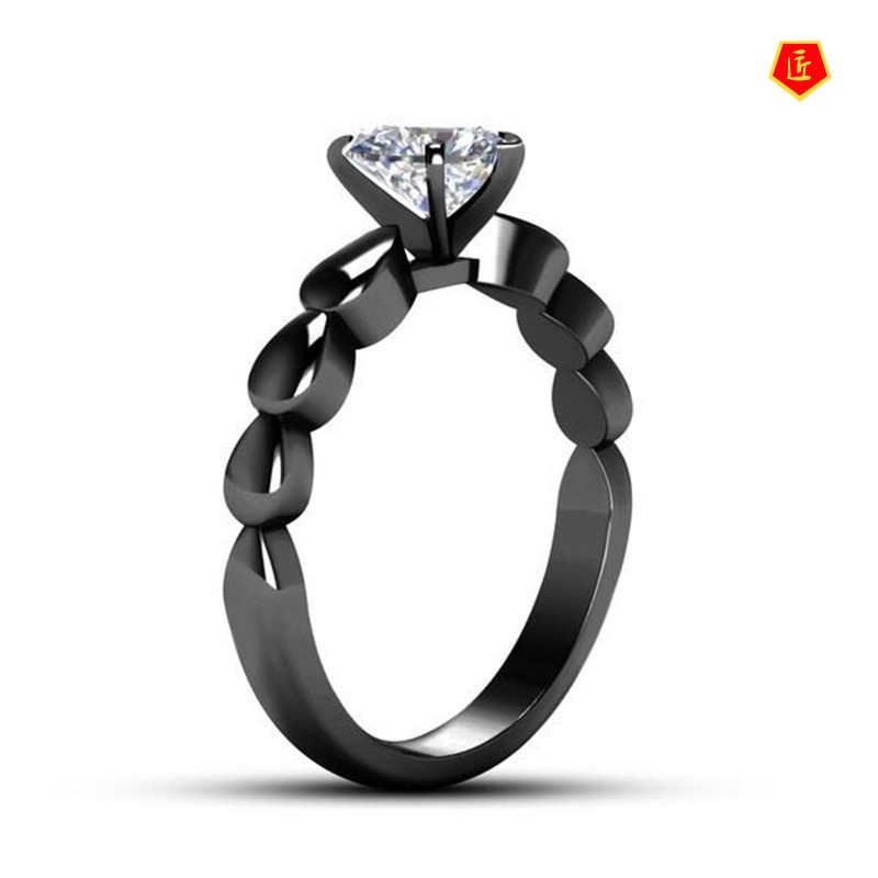 [Ready Stock]Simple Personality Black Inlaid Heart-Shaped Diamond Ring