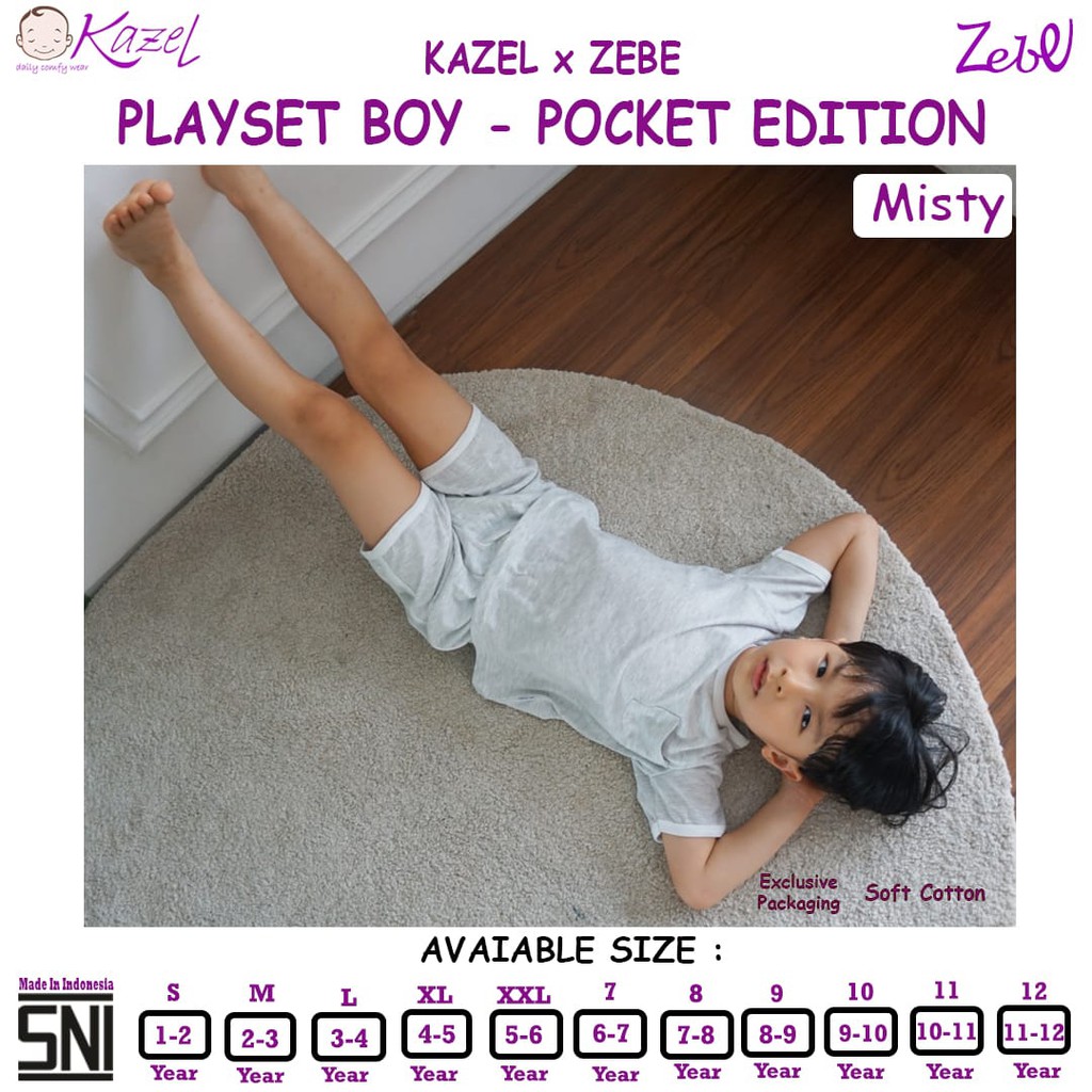 [Warna Misty Abu Muda Size S-XXL] Kazel Zebe Playset Boy Pocket Edition Setelan Pendek Harian Anak