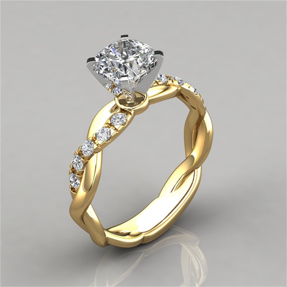 【COD Tangding】6-10 Size Three Color Princess Square Diamond Ring Cross Twist Diamond Set Ring