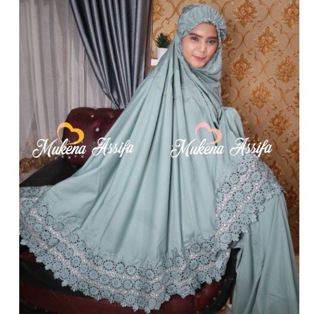 Mukena Bordir Handmade Padang Motif Bola Keliling Hijau Telur asin