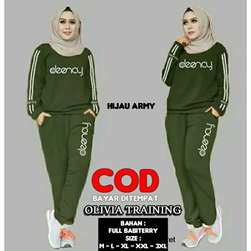 setelan olah raga trening hijau Army motif denay