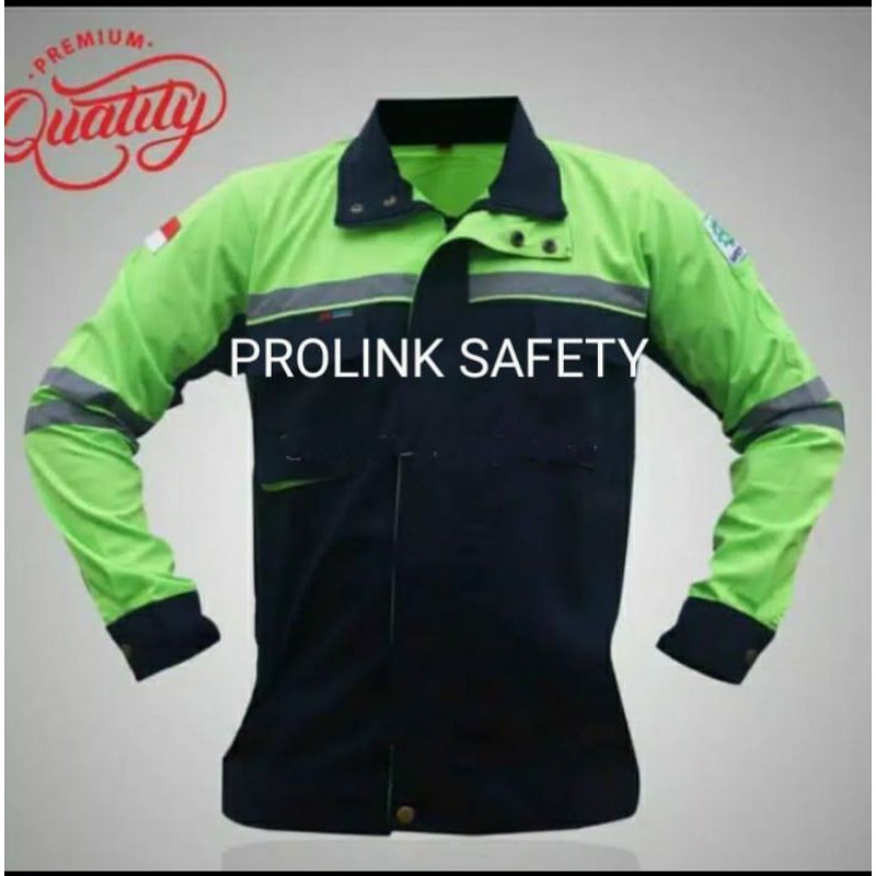 SERAGAM SAFETY PREMIUM ORIGINAL SEMI JAKET HIJAU STABILO DONGKER FREE LOGO K3 BENDERA REAL PICTURE