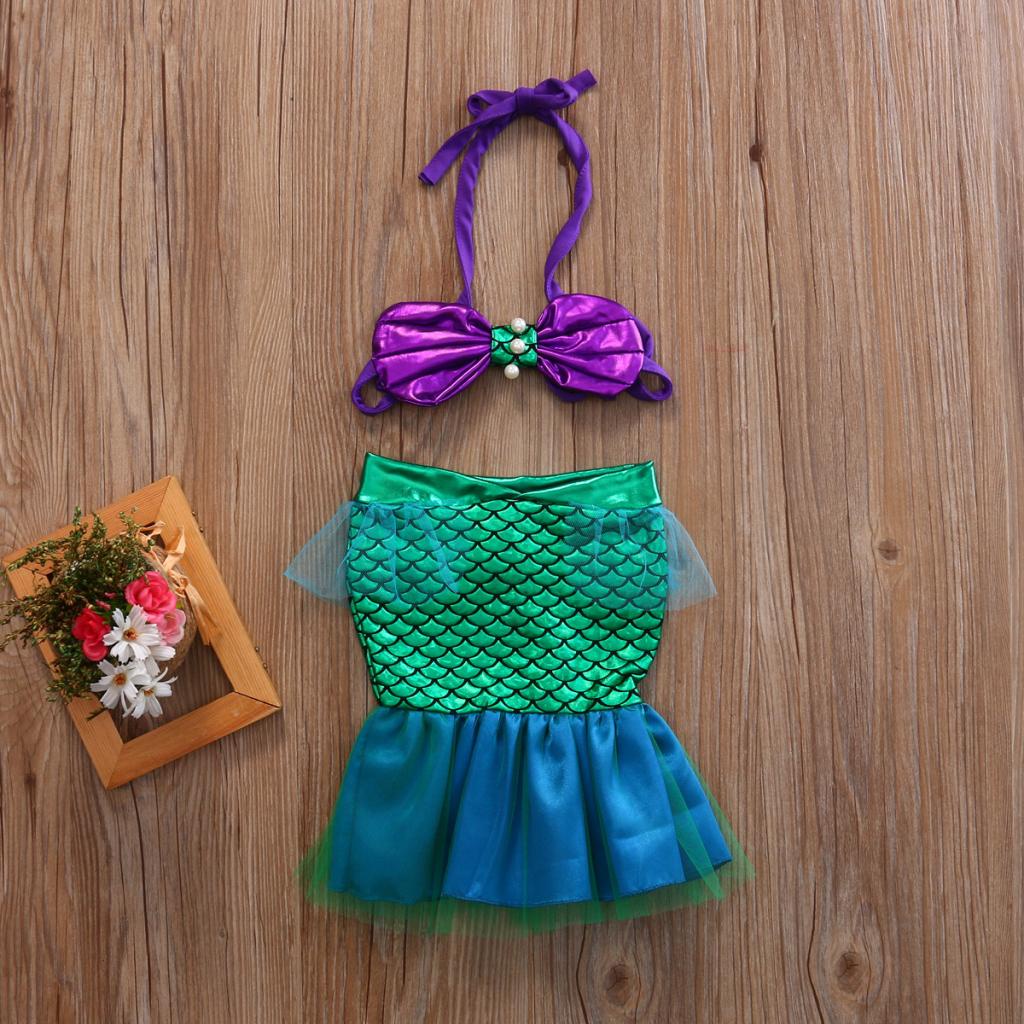 Baju Renang Putri Duyung Dua Potong Bayi Perempuan Atasan Bikini Halter Mutiara Cangkang Leher Gantu