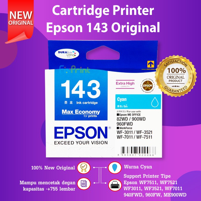 Epson 143 T143 Cartridge Tinta Original Printer WF-7511 WF7011 WF-3521 WF7511 WF3521 ME-900WD 960FWD