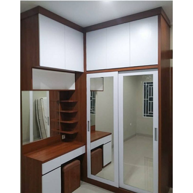 Lemari pakaian minimalis custom Lemari L mewah kayu HPL / duco pintu cermin buka tutup sliding