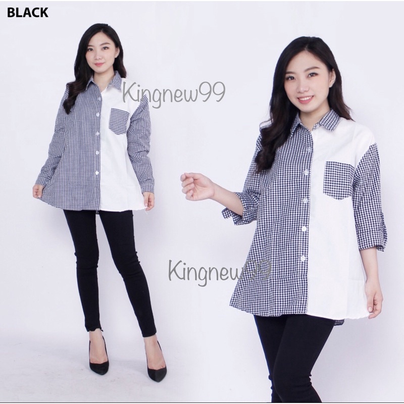 KEMEJA WANITA/ KEMEJA KOTAK KOMBINASI PUTIH SIZE XL/ XXL-Hitam