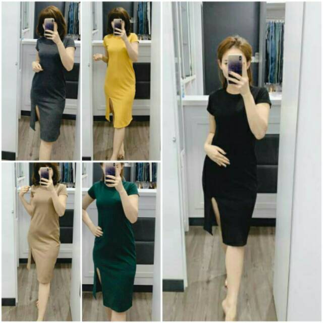 Slit casual dress terusan polos katun cotton simple fashion wanita murah