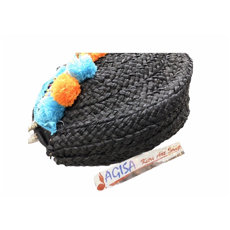 tas anyaman mendong pompom/tas anyaman bangkok / tas mendong sulam /tas mendong hias