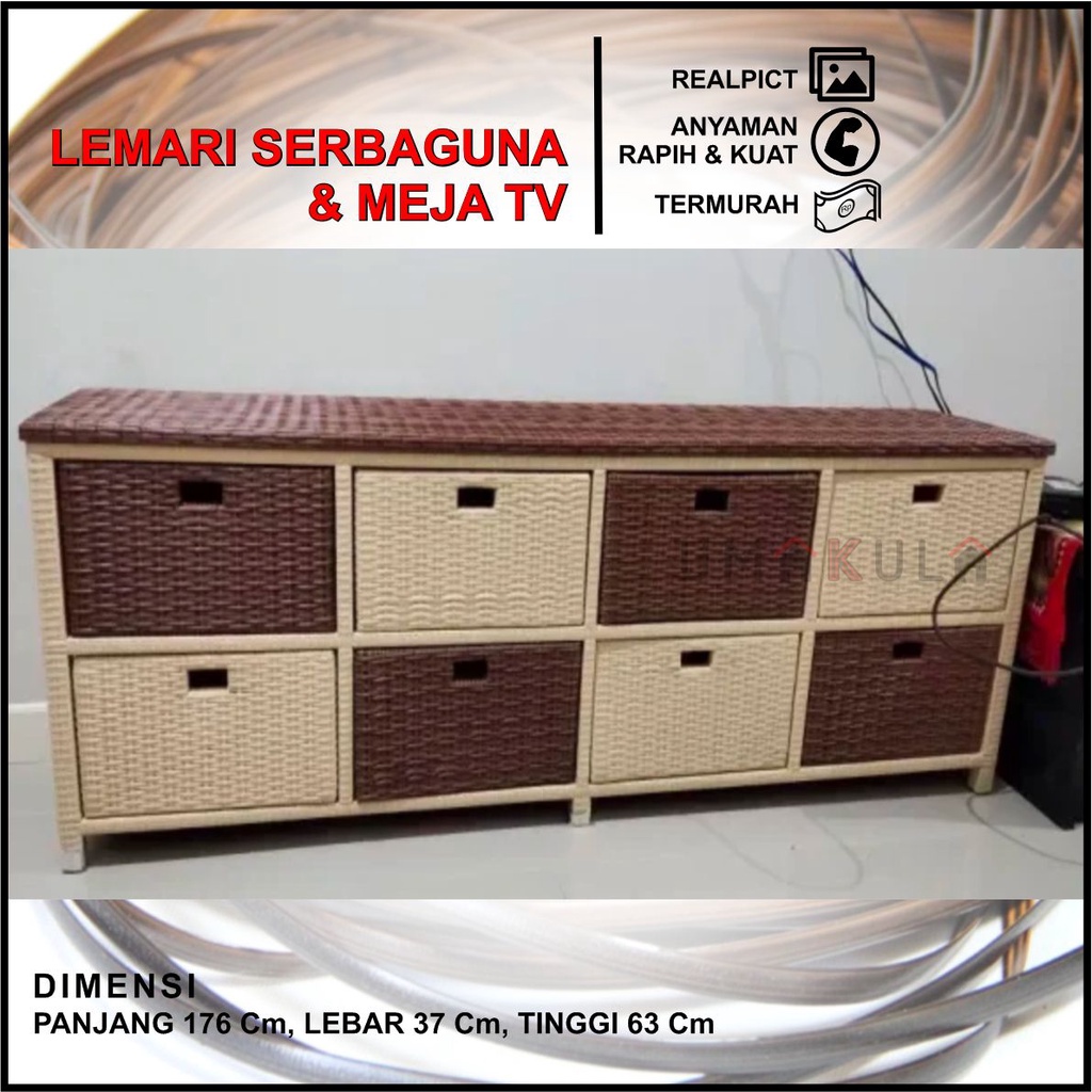 Rak Lemari Rotan Sintetis 8 Laci Buffet Bufet Meja TV Ruang Tamu Serbaguna Minimalis Murah Terbaru