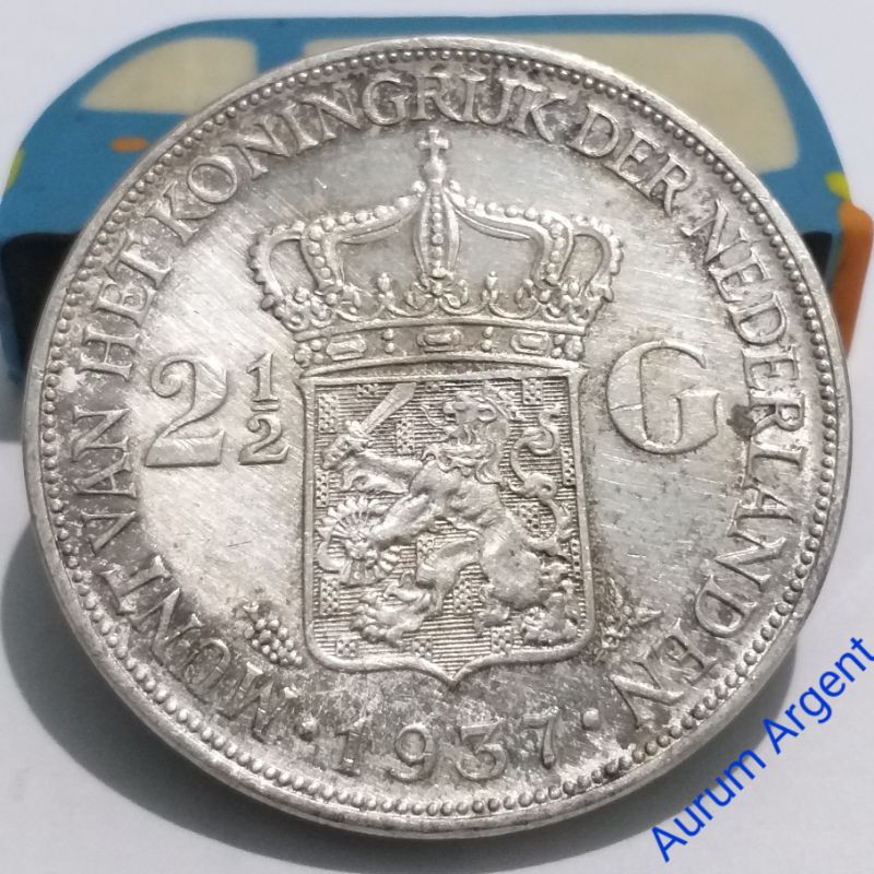 SWILH2.5G-36.. 1 PC KOIN PERAK KUNO ASLI 2.5 GULDEN WILHELMINA TH 1937. -- SILVER COIN --