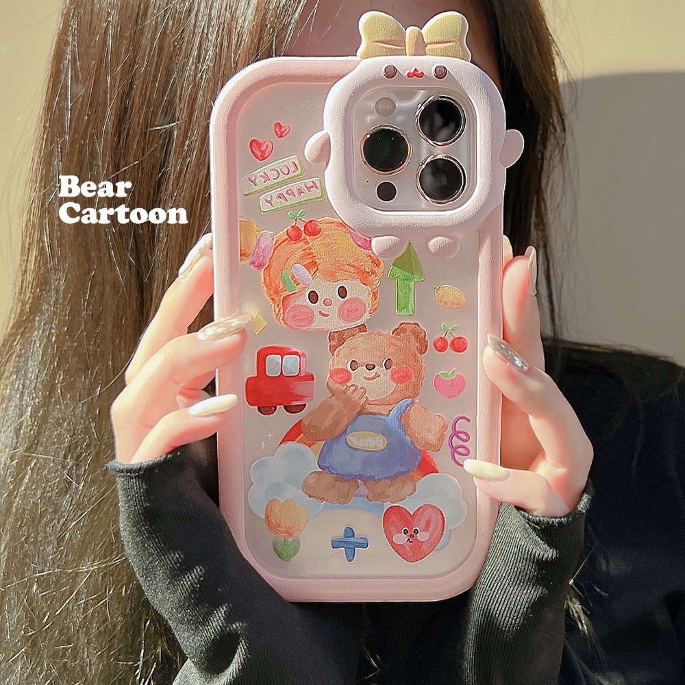 2 IN 1 Case Pelindung Lensa Kamera Transparan Motif Lukisan Cat Minyak Beruang 3D Untuk Iphone 11 12 13 14 PLUS PRO MAX